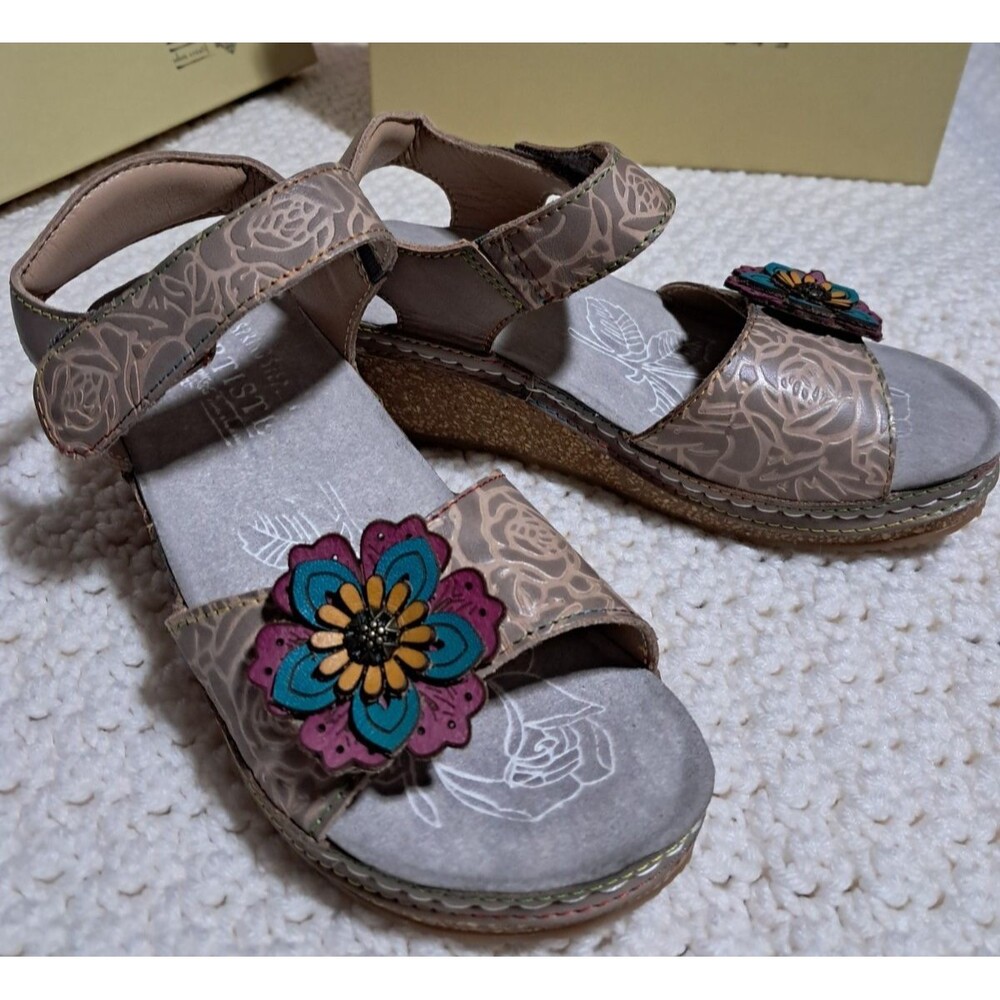 L'Artiste by Spring Step Leather Wedge Sandals Cuteness Gray Multi  EU Size 35